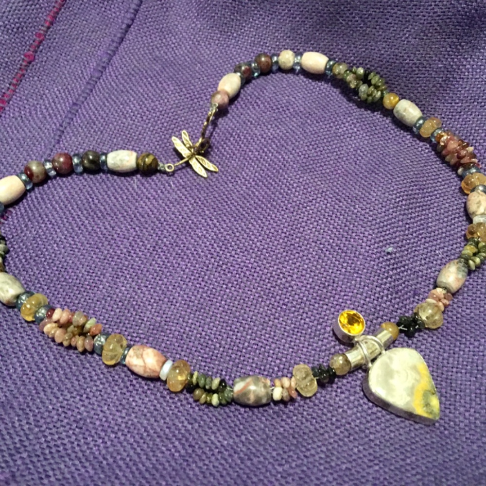 Bumble Bee Jasper Pendant in Sterling w/ Tourmaline Beads & Dragonfly Clasp